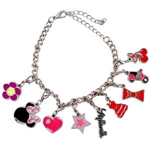 Minnie Mouse Disney Themed Charm Bracelet Silver Tone Pink Enamel VTG Y2K